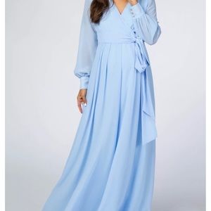 Light Blue Chiffon Long Sleeve Maternity Maxi Dress
